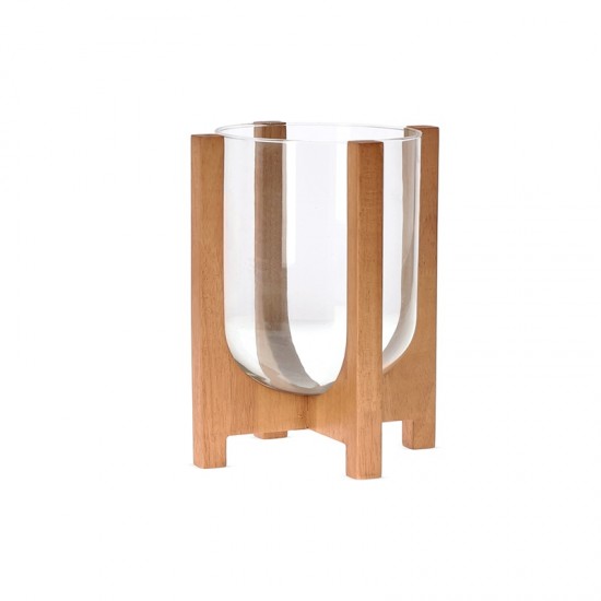 VASO EM VIDRO COM SUPORTE EM MADEIRA P