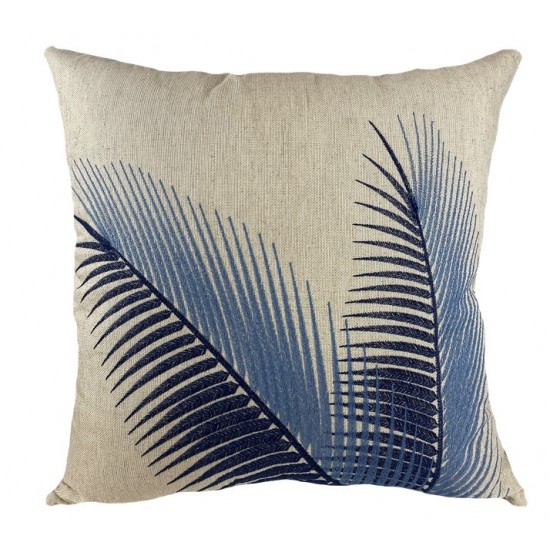 ALMOFADA LINHO C/BORD AZUL  FOLHAS PALMEIRA