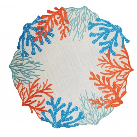 Jogo Americano Coralli Branco c/ bordado coral e azul