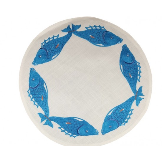 Jogo Americano Pesce Branco c/ bordado Azul 40cm Redondo