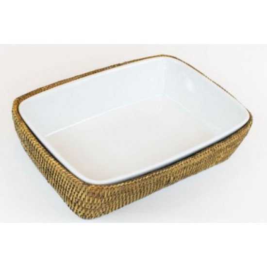 TRAVESSA DE PORCELANA 30X22CM C/ SUPORTE RATTAN