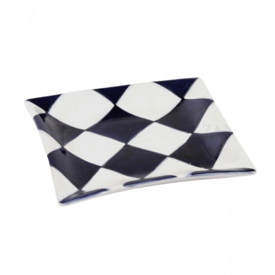 PRATO QUADRADO AZULEJARIA AZUL E BRANCO 24CM