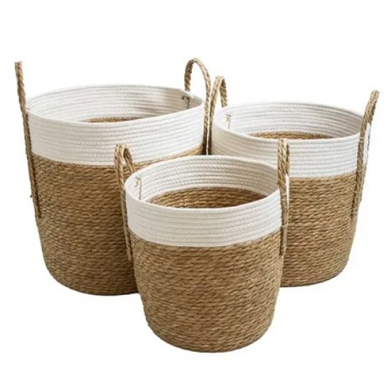 CESTO DE FIBRA VEGETAL E ALGODAO BRANCO E NATURAL P