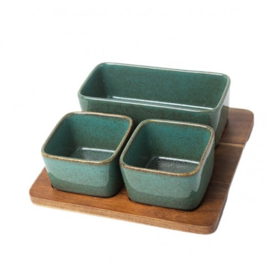 PETISQUEIRA EM MADEIRA E CERAMICA VERDE COM 3 BOWLS PETISQUEIRA EM MADEIRA E CERAMICA VERDE COM 3 BOWLS