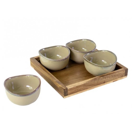 PETISQUEIRA CERAMICA BEGE C/ BANDEJA MADEIRA  4 PÇS